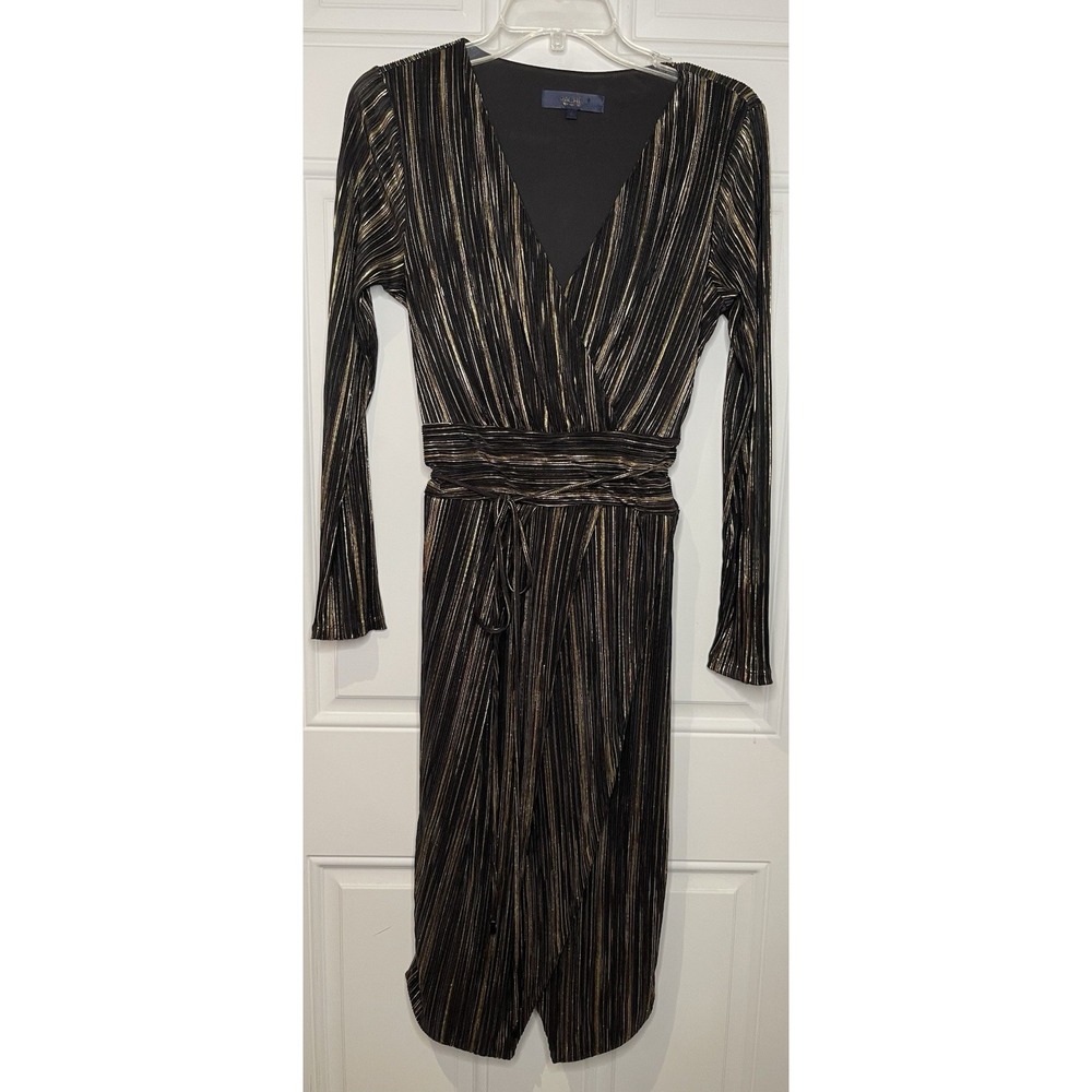 Rachel Roy Large Metallic Pleated Black Faux Wrap Midi Dress Formal Wedding